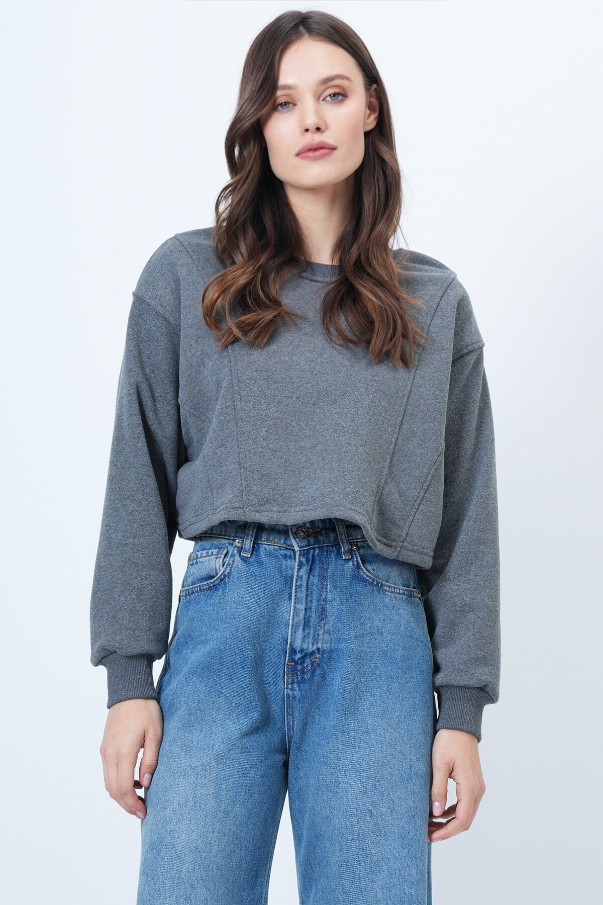 Bisiklet Yaka Dikiş Detaylı Crop Sweatshirt