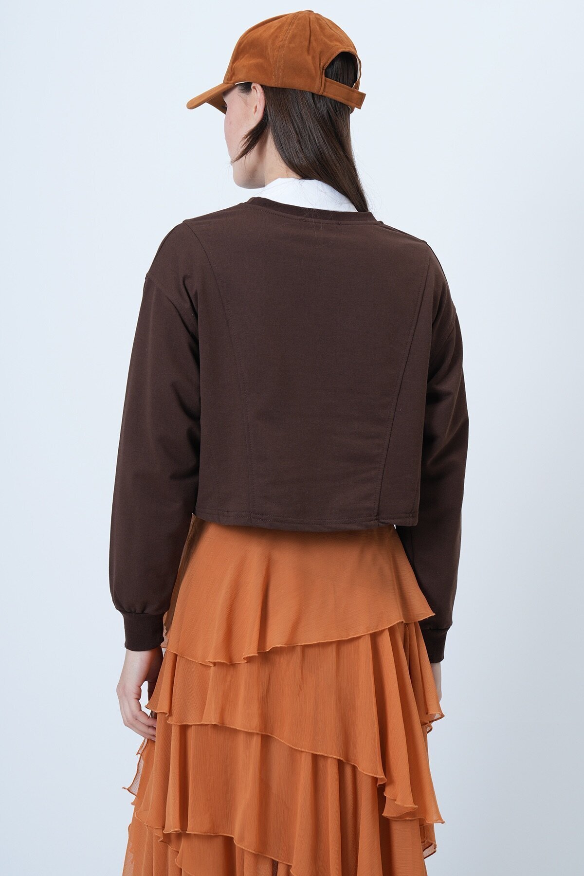 Bisiklet Yaka Dikiş Detaylı Crop Sweatshirt