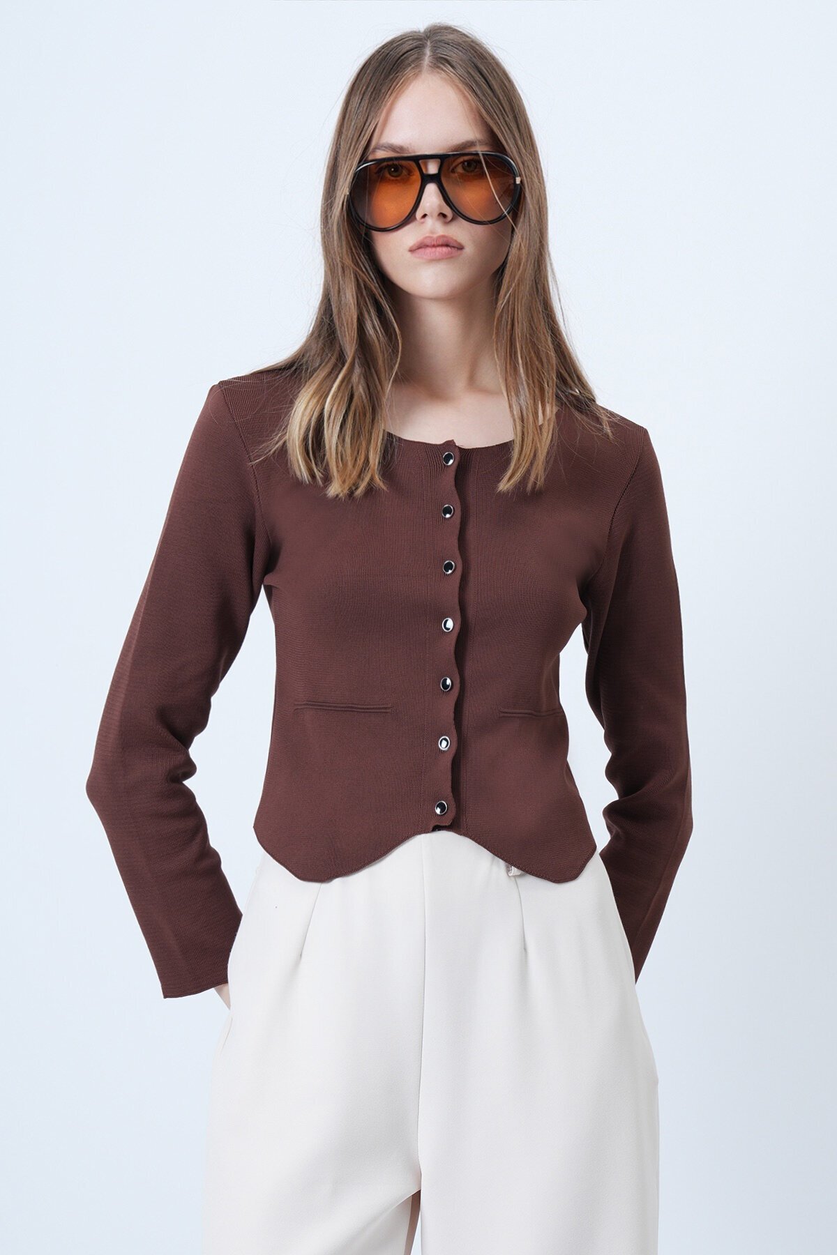 Bisiklet Yaka Önü Düğmeli Triko Bluz