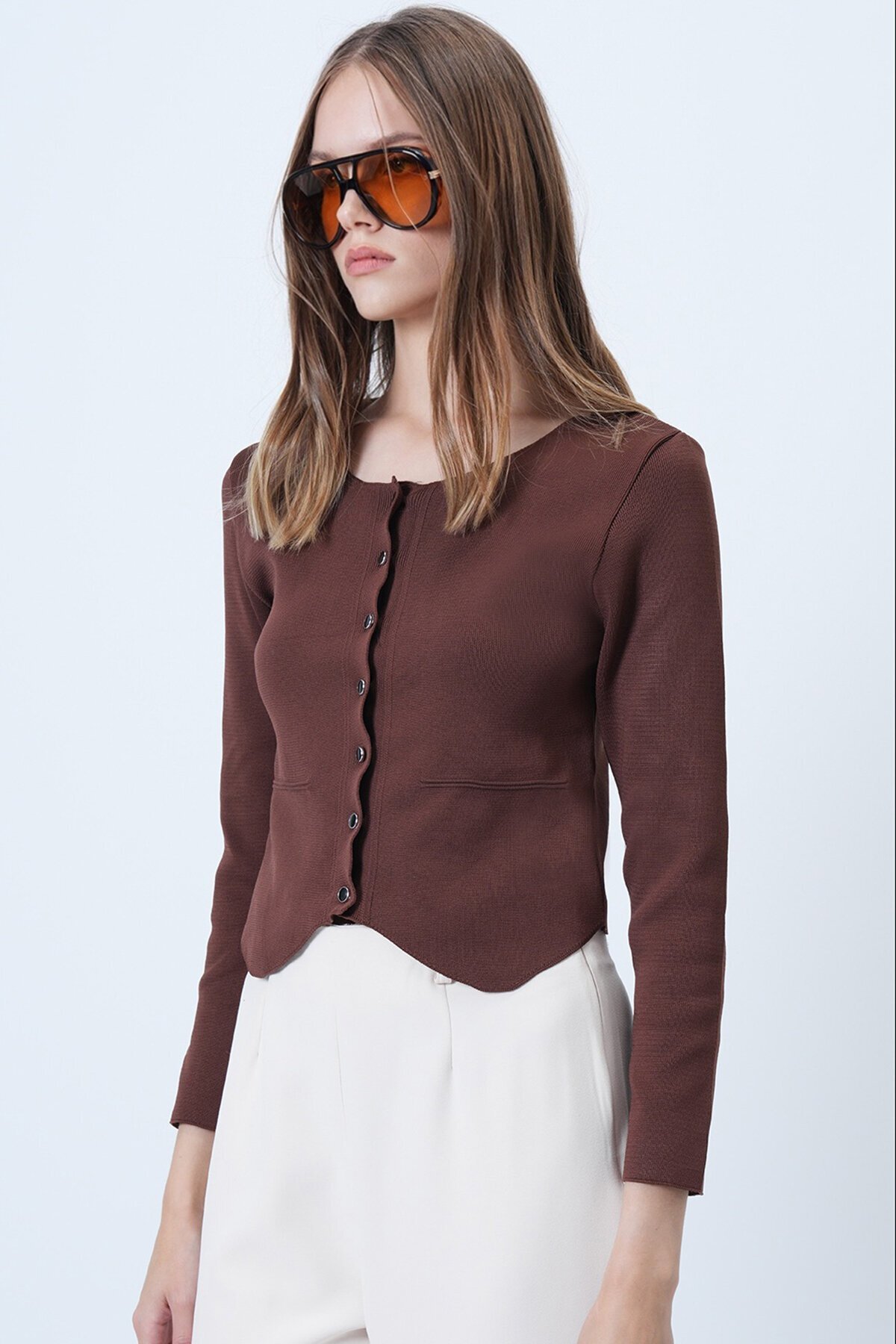 Bisiklet Yaka Önü Düğmeli Triko Bluz