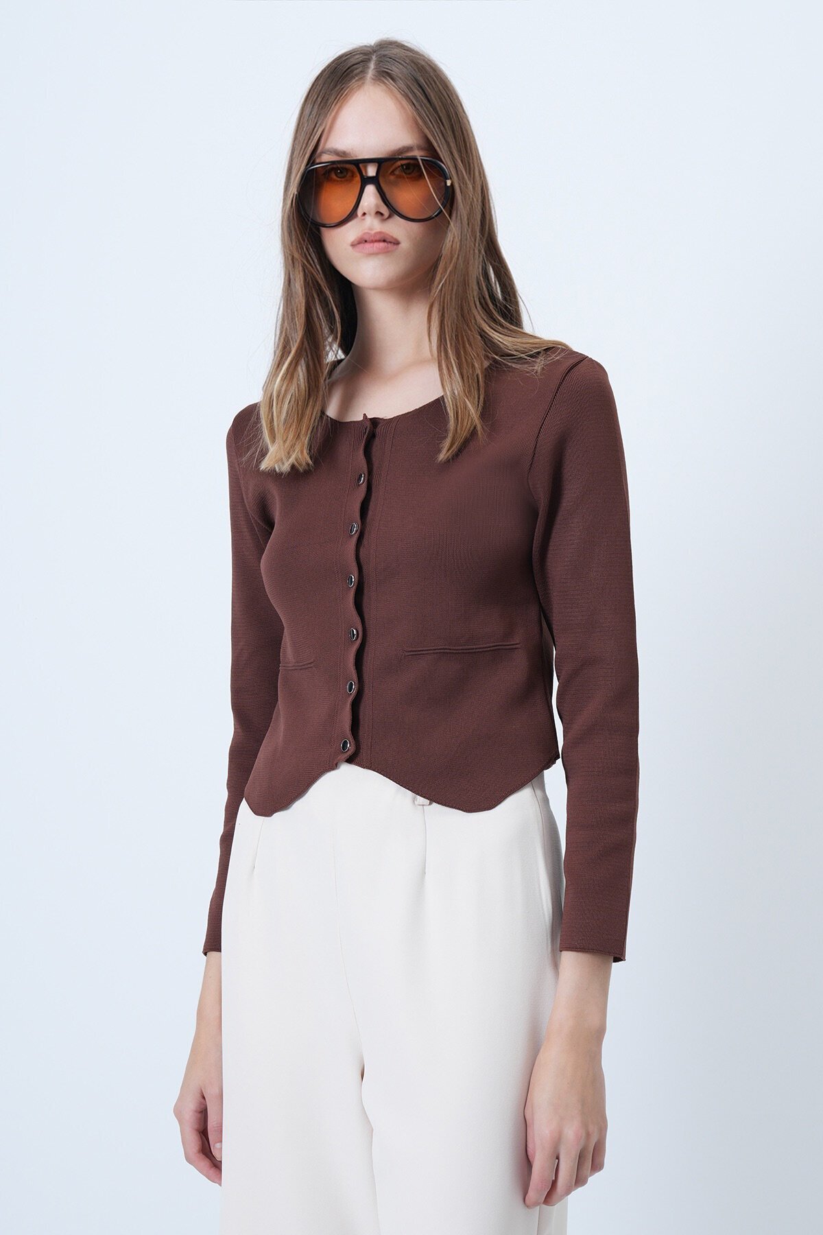 Bisiklet Yaka Önü Düğmeli Triko Bluz