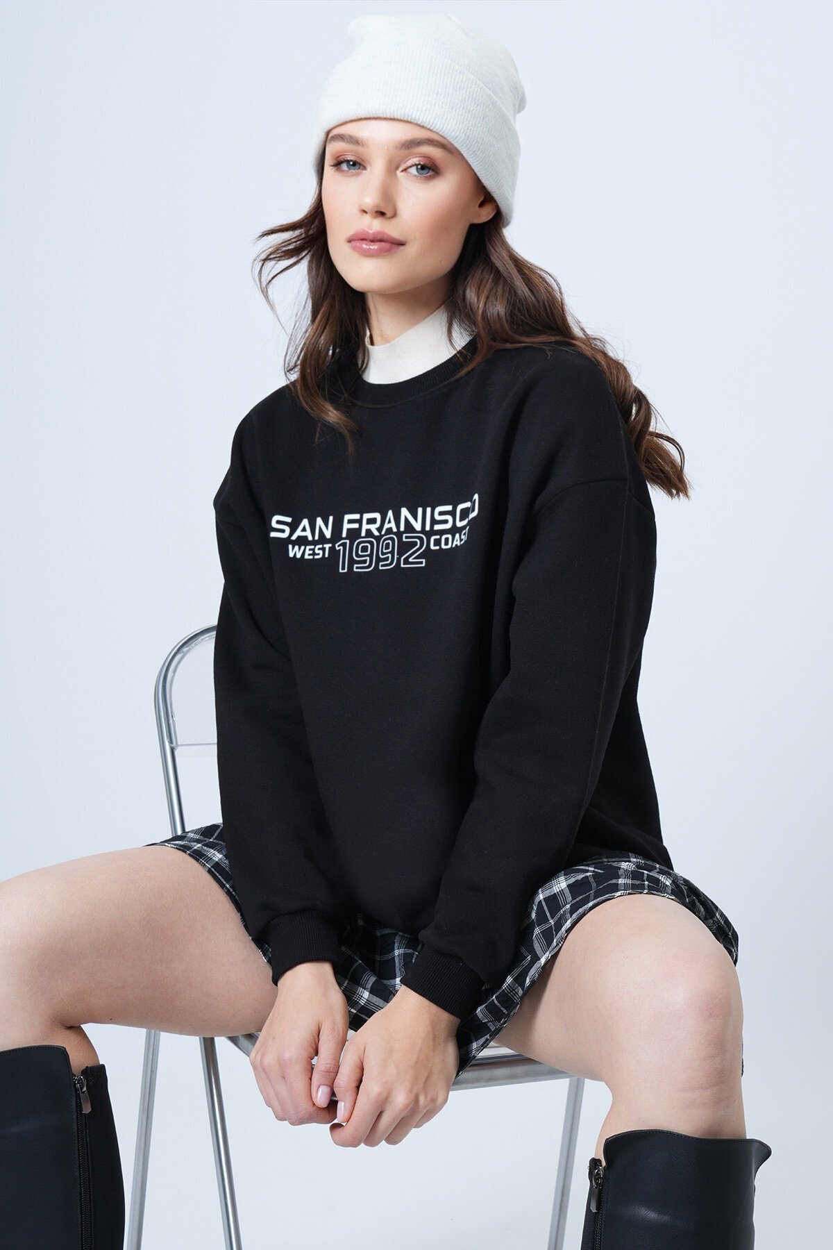 Bisiklet Yaka Oversize Baskılı Sweatshirt