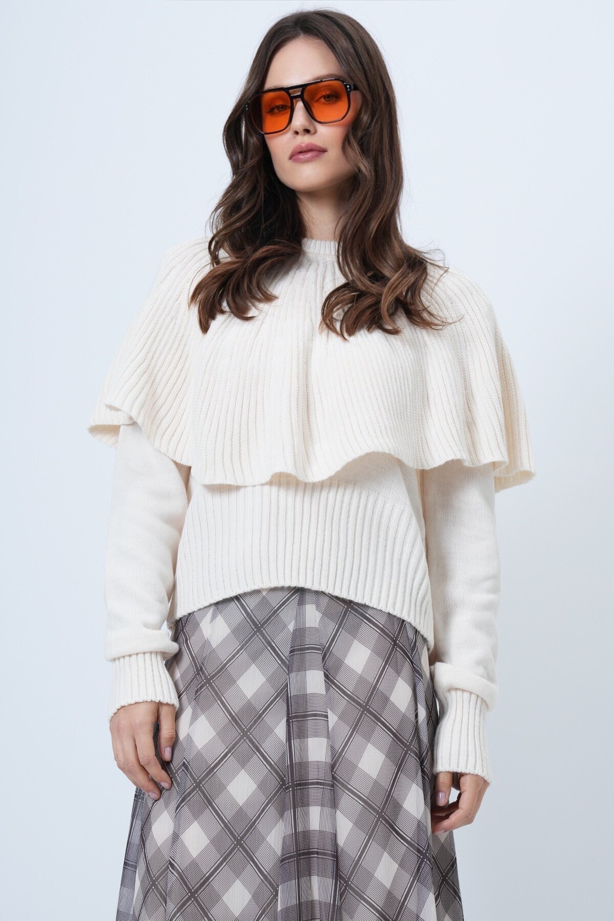 Bisiklet Yaka Pelerin Detaylı Fitilli Triko Kazak