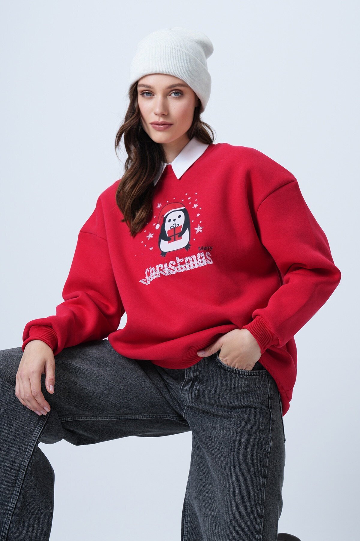 Bisiklet Yaka Penguen Baskılı Oversize Sweatshirt