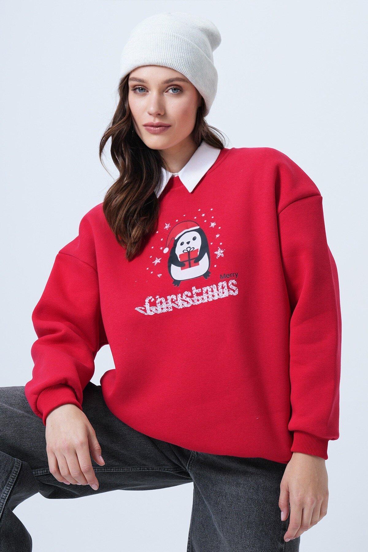 Bisiklet Yaka Penguen Baskılı Oversize Sweatshirt