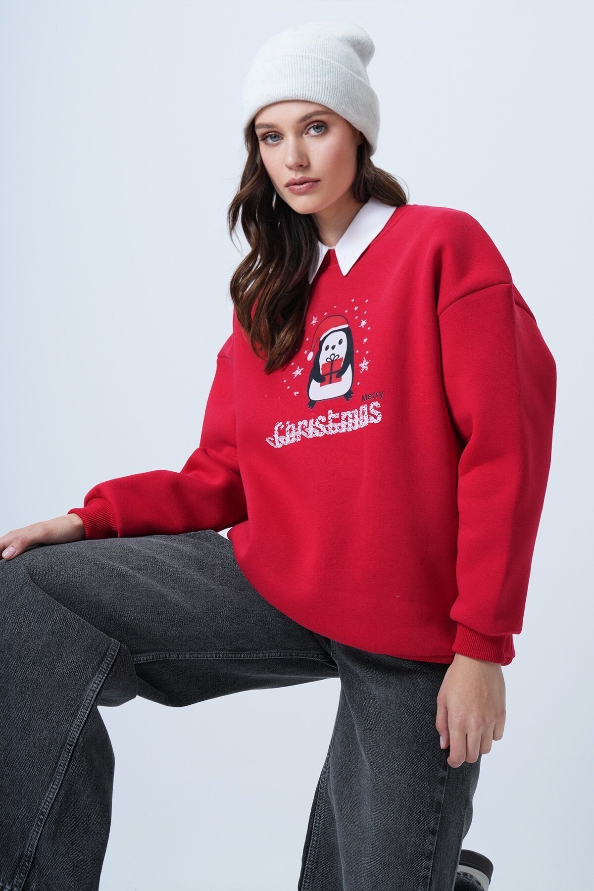 Bisiklet Yaka Penguen Baskılı Oversize Sweatshirt