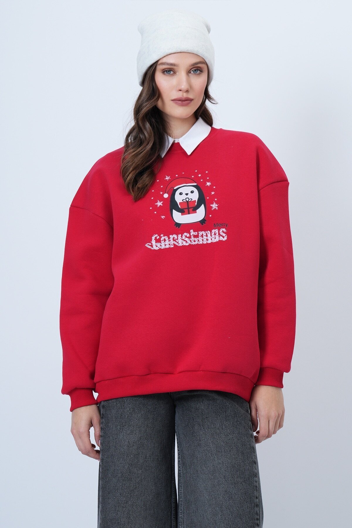 Bisiklet Yaka Penguen Baskılı Oversize Sweatshirt