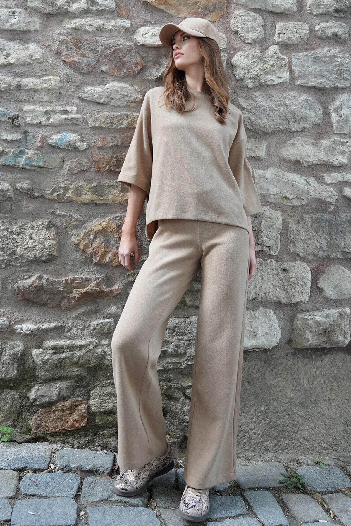 Bisiklet Yaka Selanik Örme Bluz Ve Palazzo Pantolon Takım