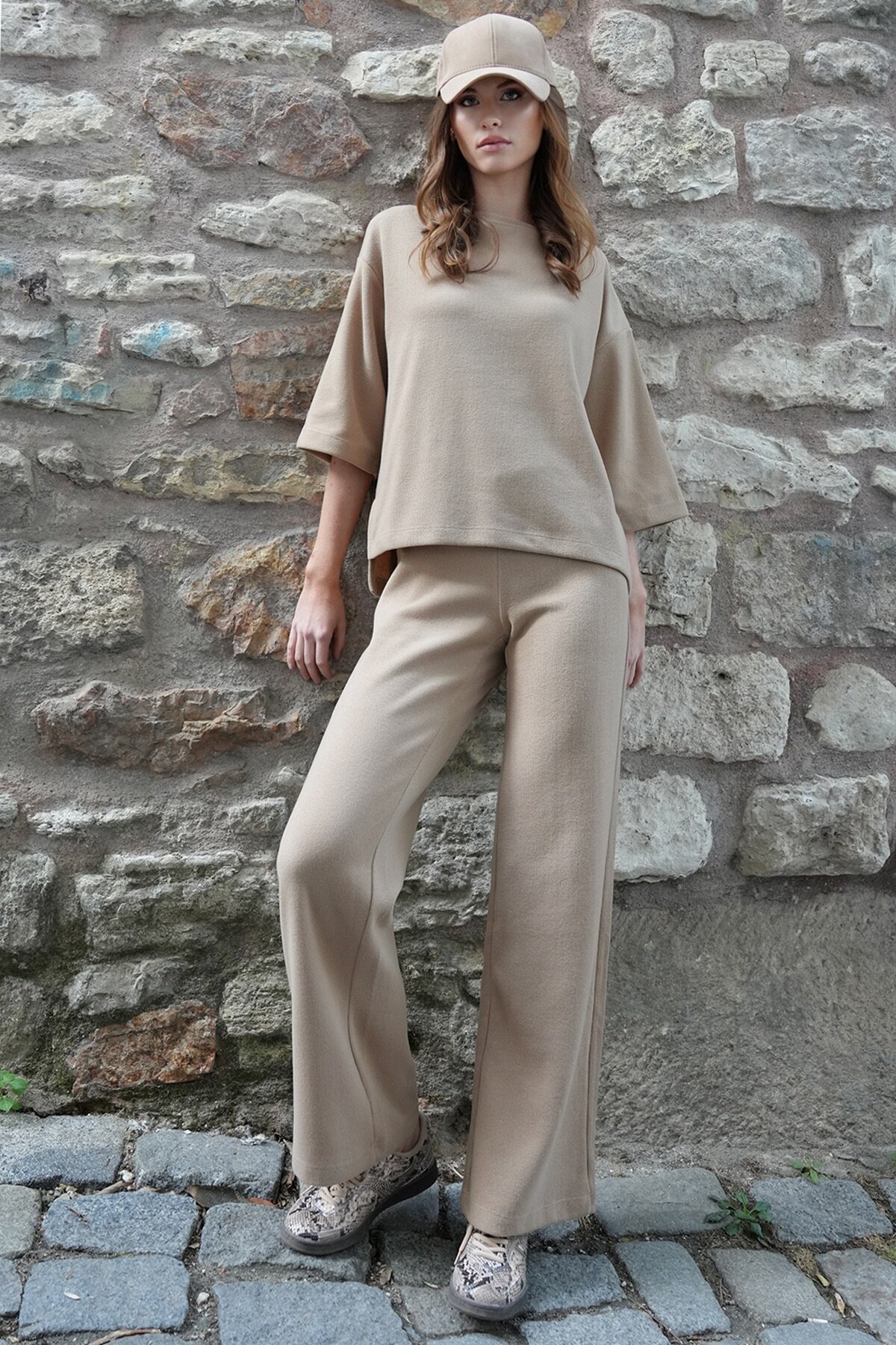 Bisiklet Yaka Selanik Örme Bluz Ve Palazzo Pantolon Takım