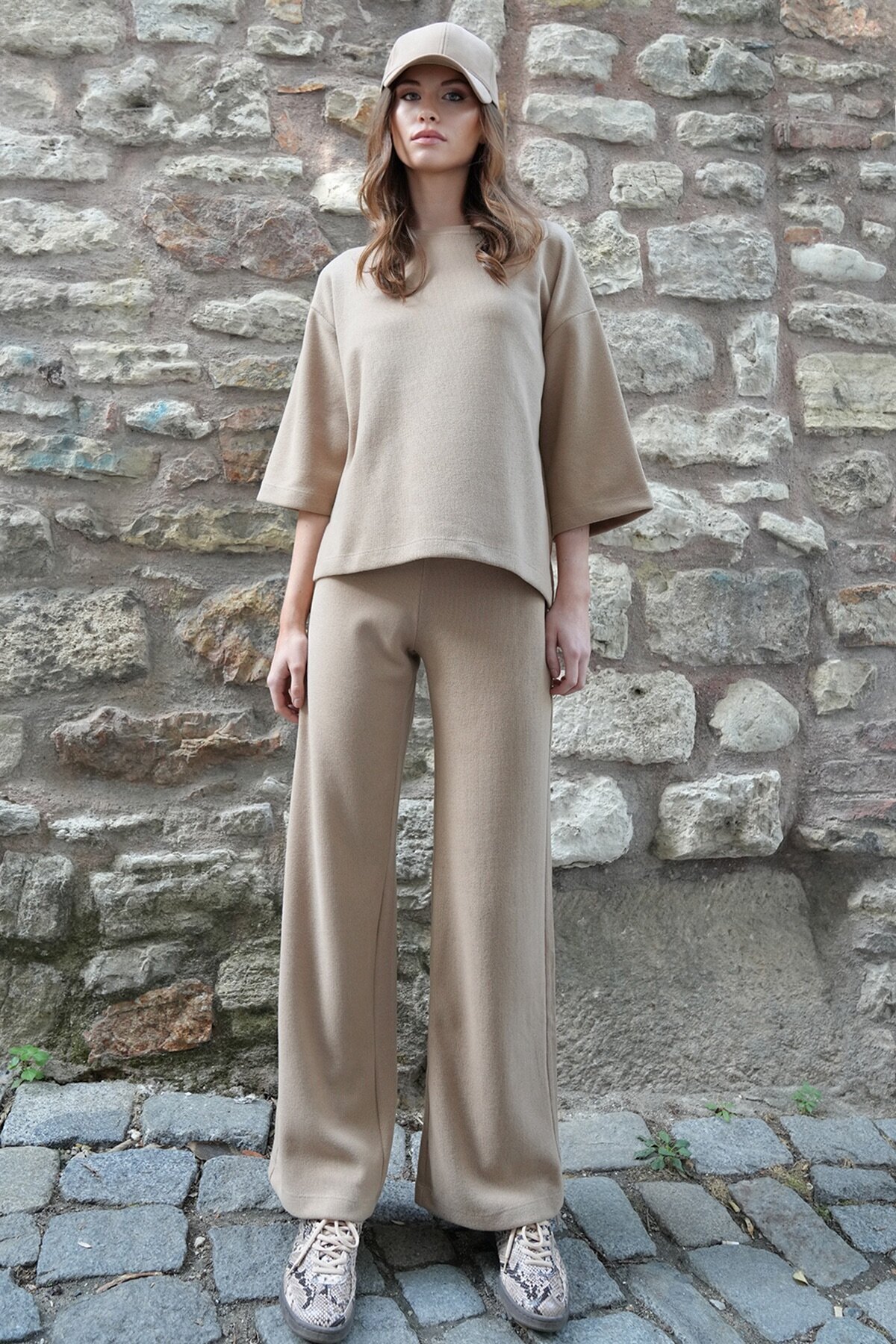 Bisiklet Yaka Selanik Örme Bluz Ve Palazzo Pantolon Takım