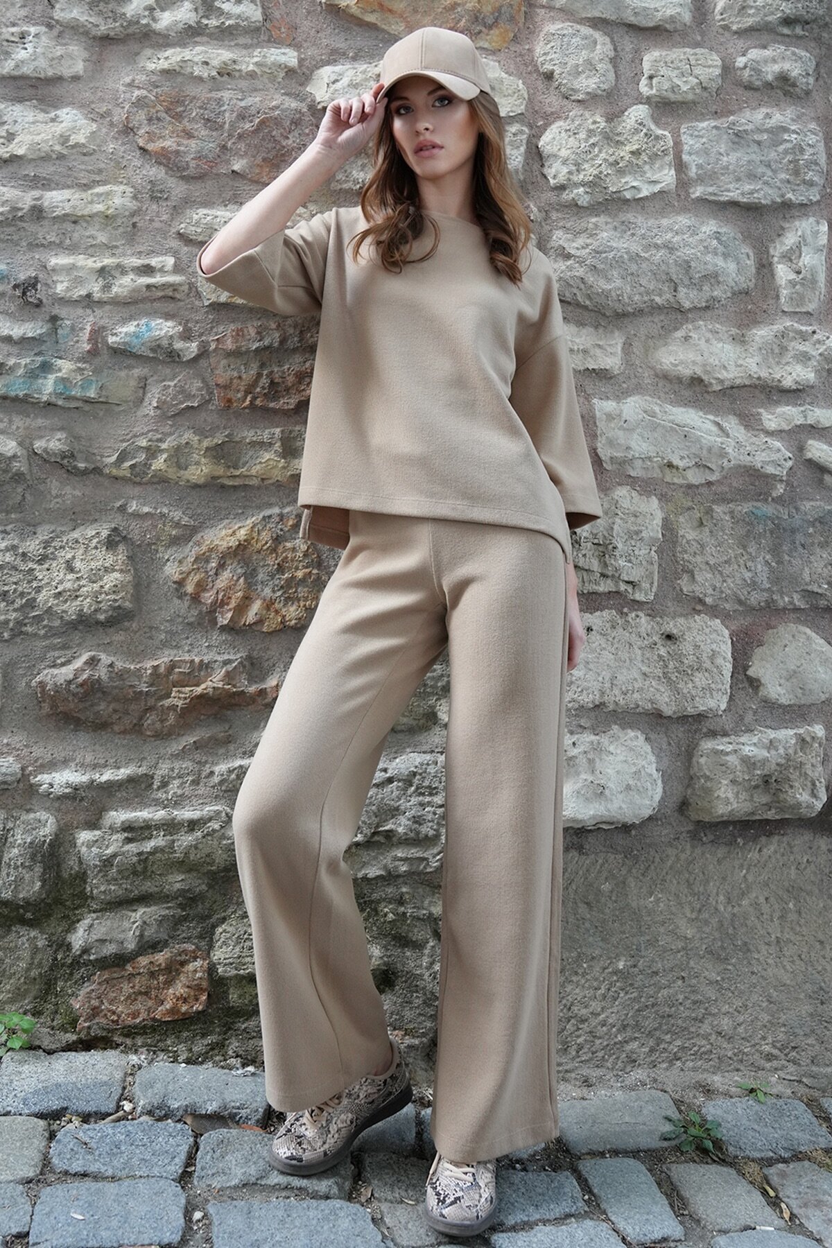 Bisiklet Yaka Selanik Örme Bluz Ve Palazzo Pantolon Takım