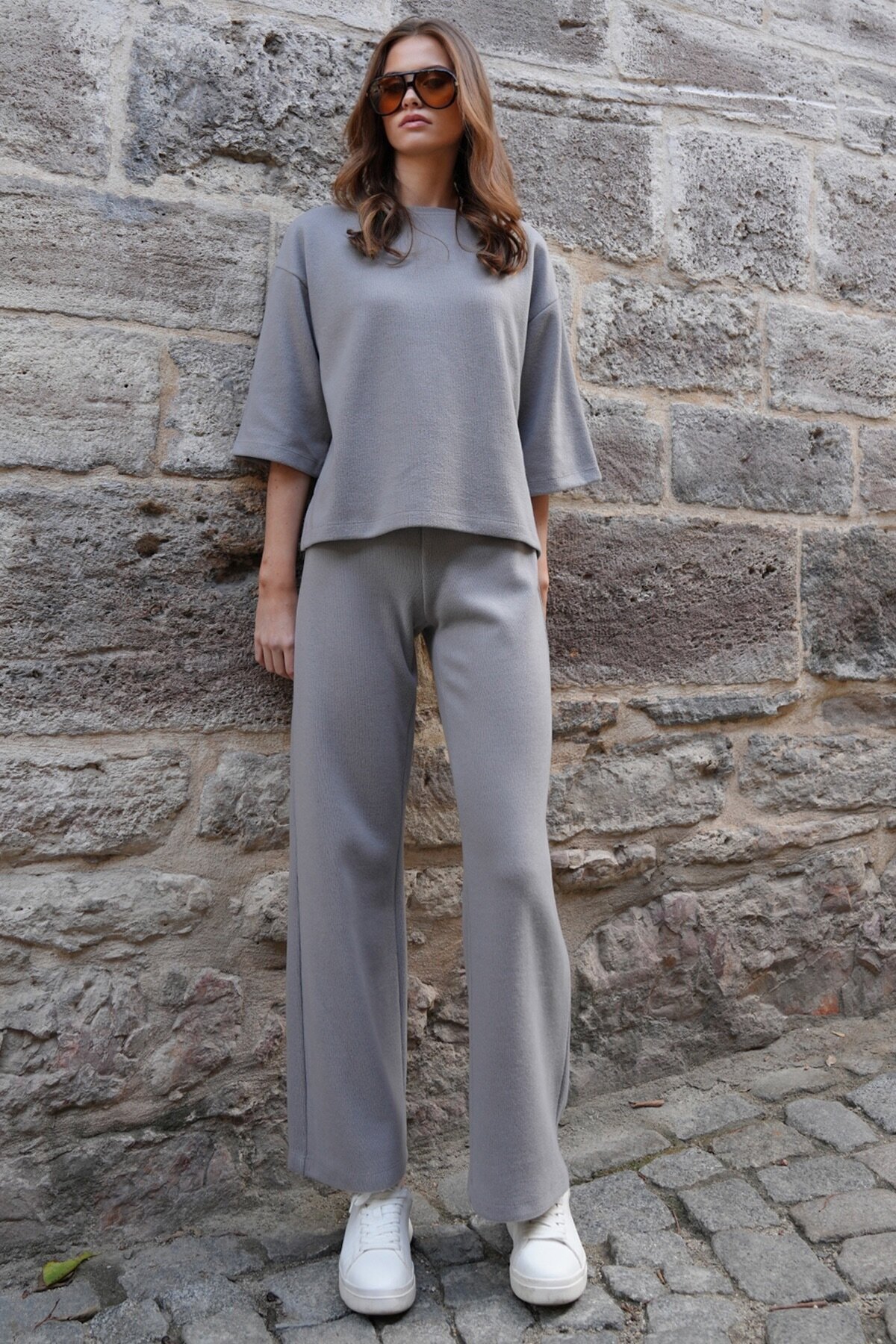 Bisiklet Yaka Selanik Örme Bluz Ve Palazzo Pantolon Takım