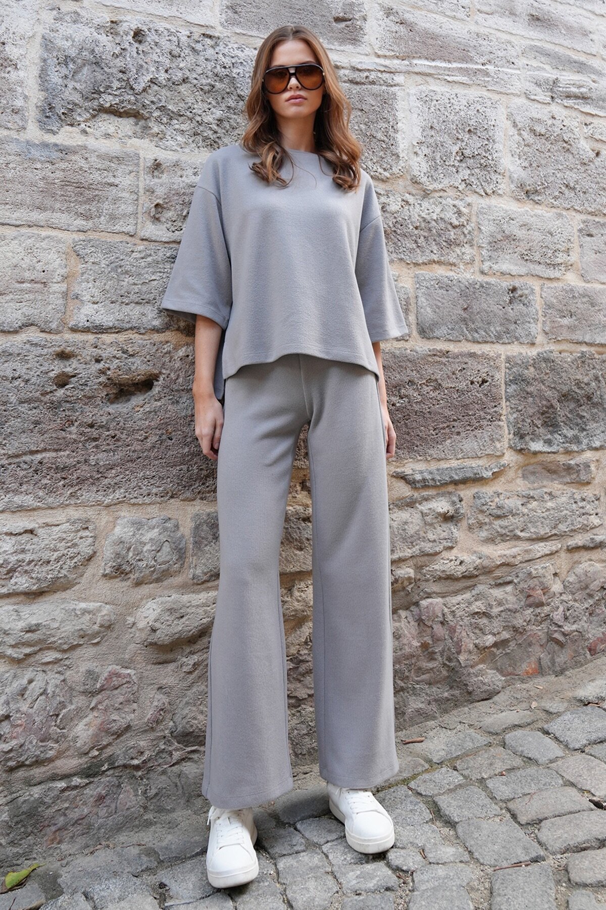 Bisiklet Yaka Selanik Örme Bluz Ve Palazzo Pantolon Takım