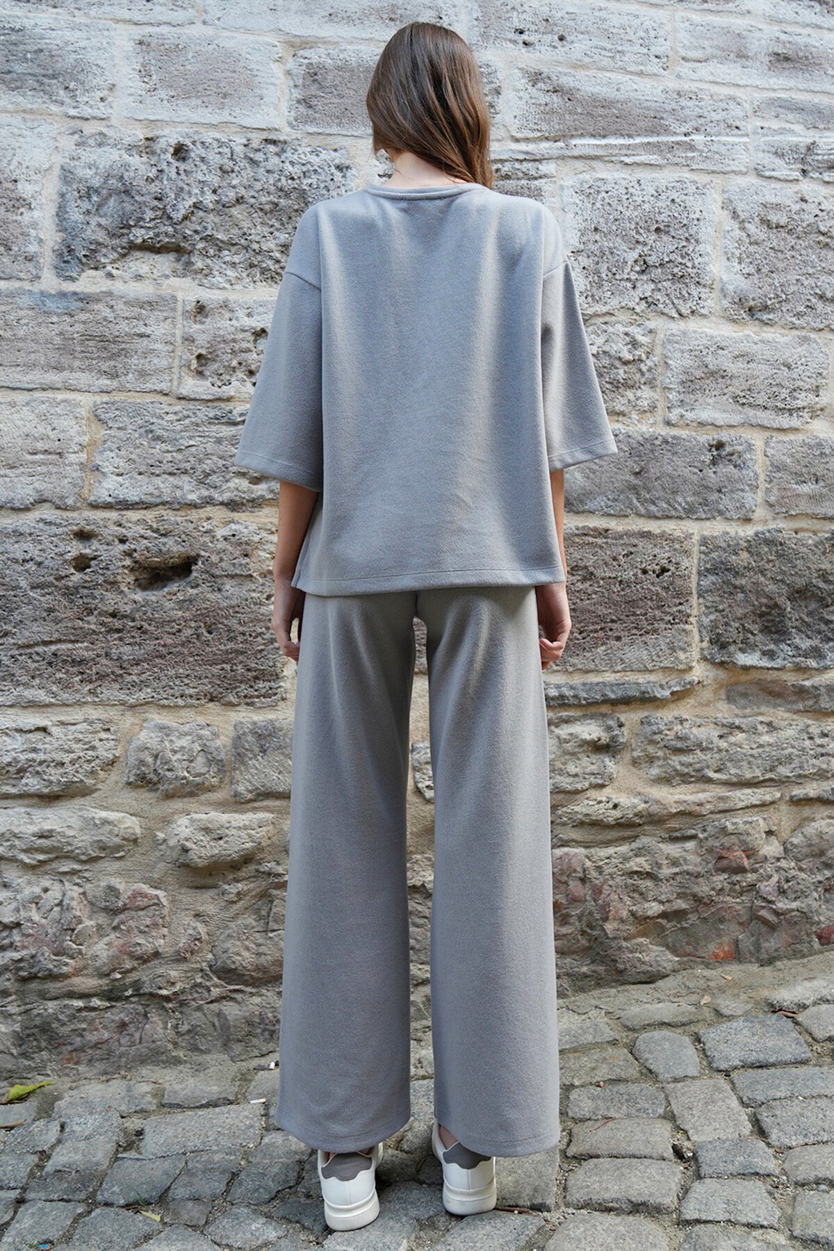 Bisiklet Yaka Selanik Örme Bluz Ve Palazzo Pantolon Takım