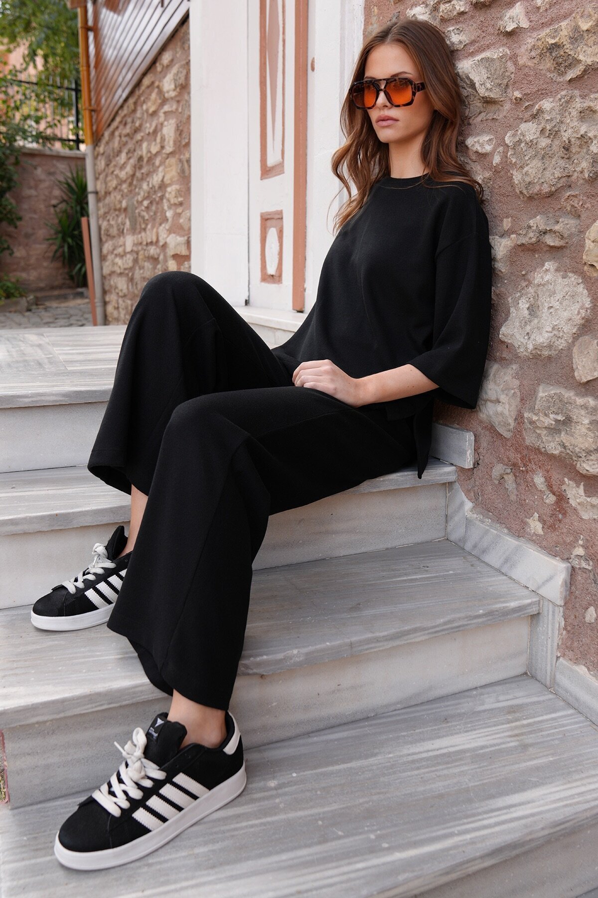 Bisiklet Yaka Selanik Örme Bluz Ve Palazzo Pantolon Takım