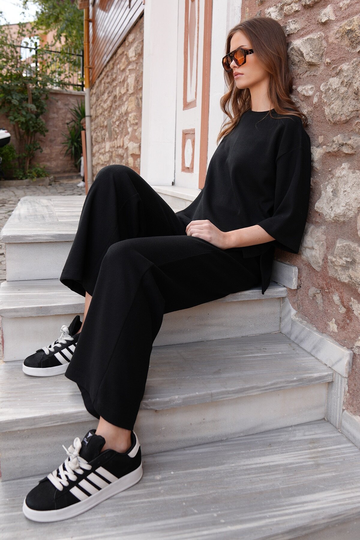 Bisiklet Yaka Selanik Örme Bluz Ve Palazzo Pantolon Takım