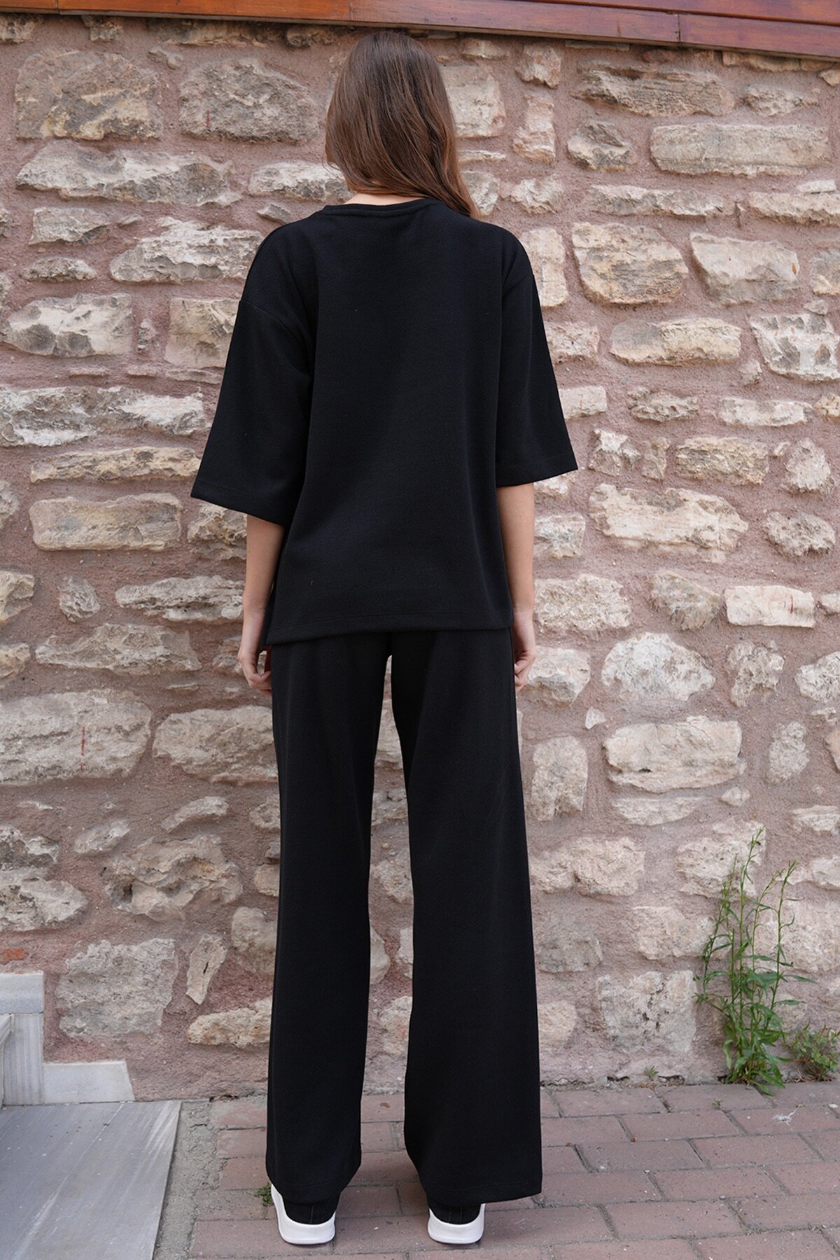 Bisiklet Yaka Selanik Örme Bluz Ve Palazzo Pantolon Takım