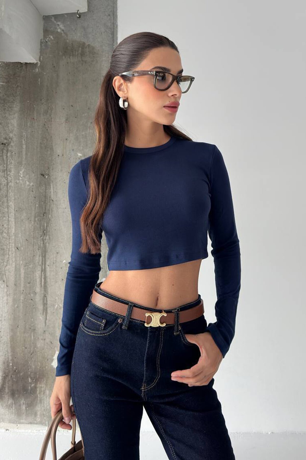 Bisiklet Yaka Uzun Kollu Crop Bluz