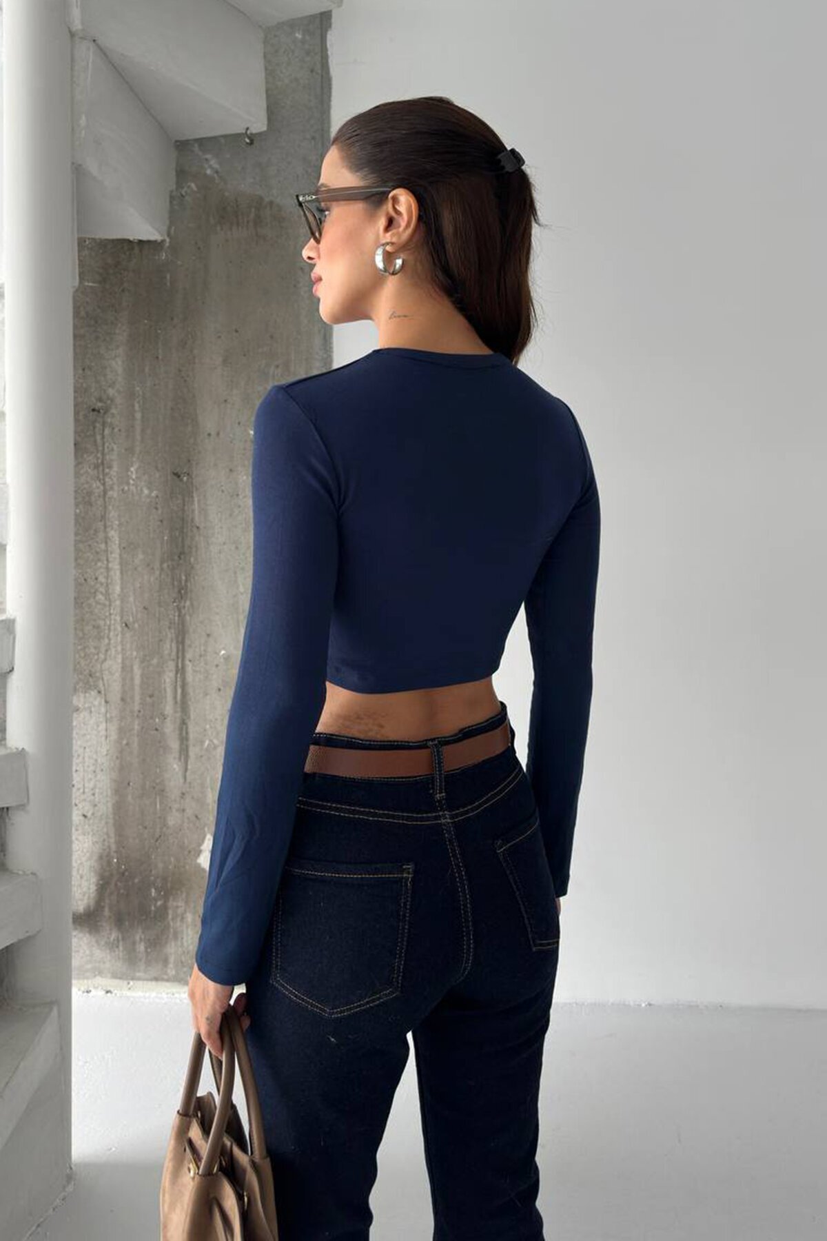 Bisiklet Yaka Uzun Kollu Crop Bluz