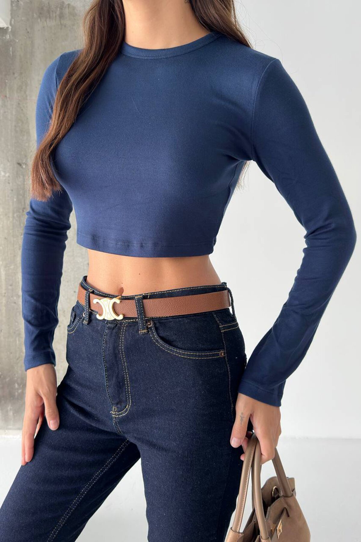 Bisiklet Yaka Uzun Kollu Crop Bluz