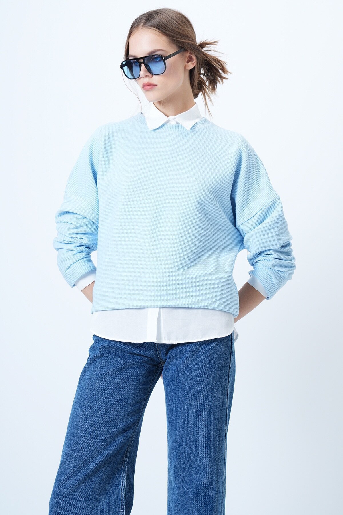 Bisiklet Yaka Yarasa Kol Geniş Kesim Basic Bluz