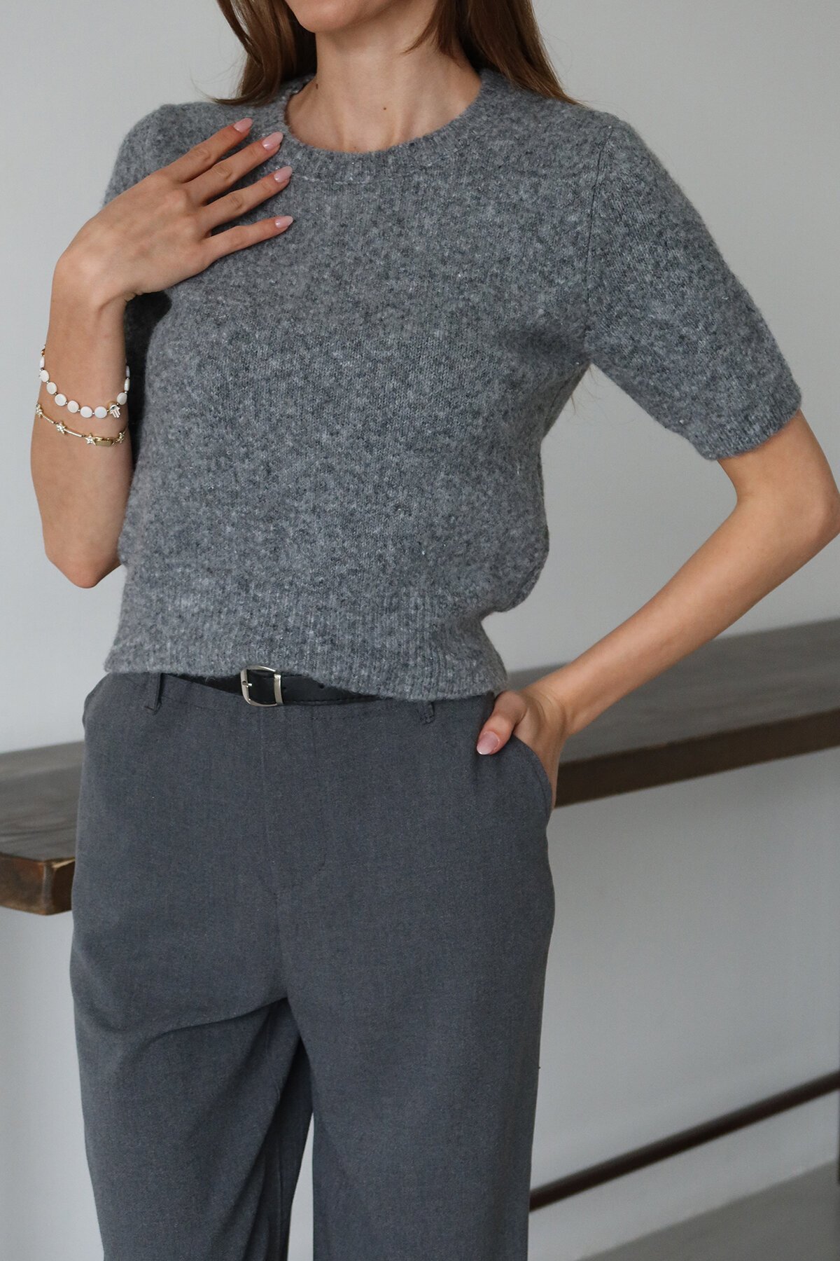 Bisiklet Yaka Yarım Kol Triko Bluz