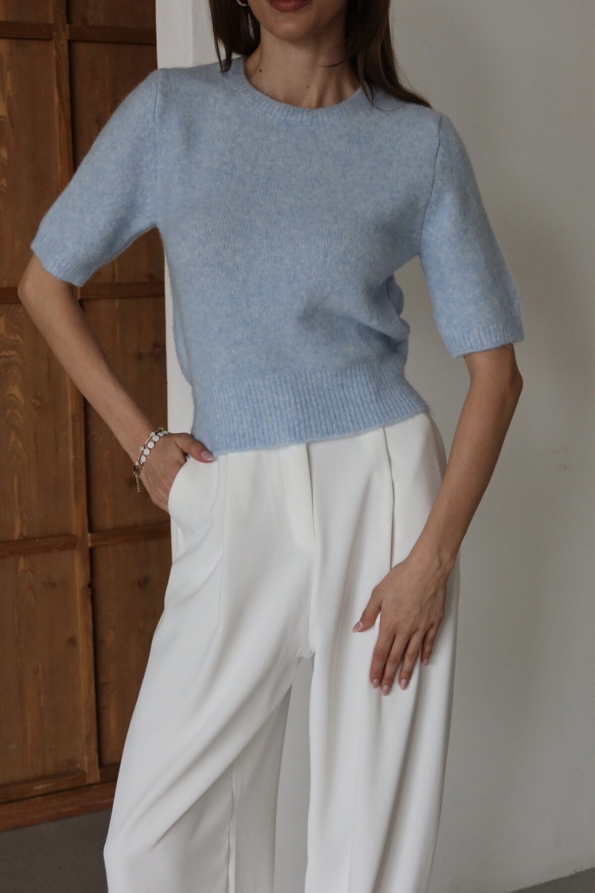 Bisiklet Yaka Yarım Kol Triko Bluz