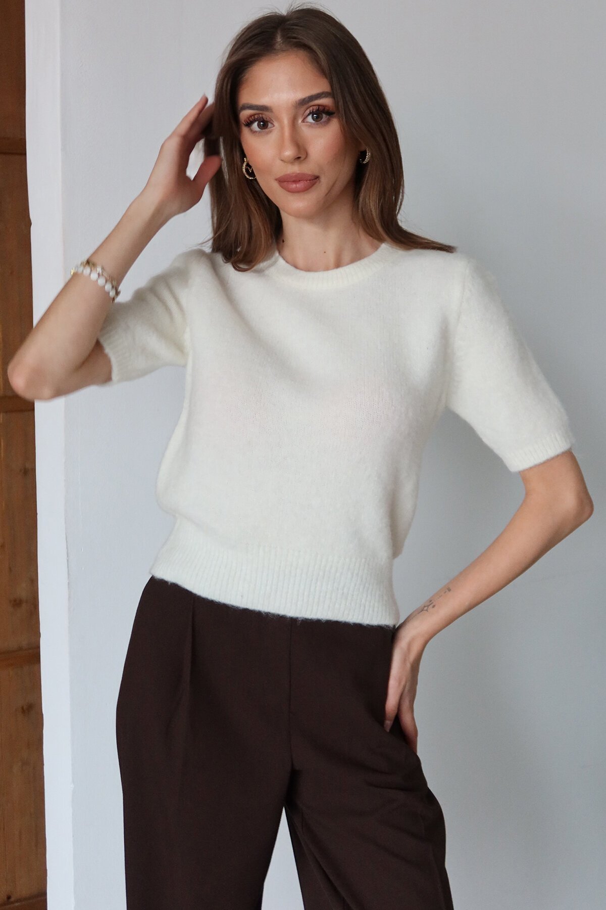 Bisiklet Yaka Yarım Kol Triko Bluz