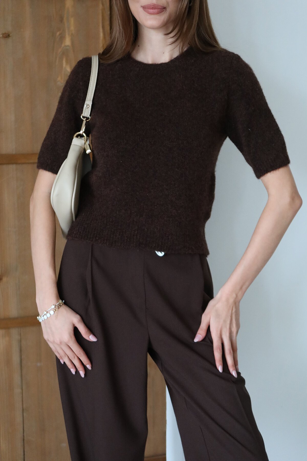 Bisiklet Yaka Yarım Kol Triko Bluz