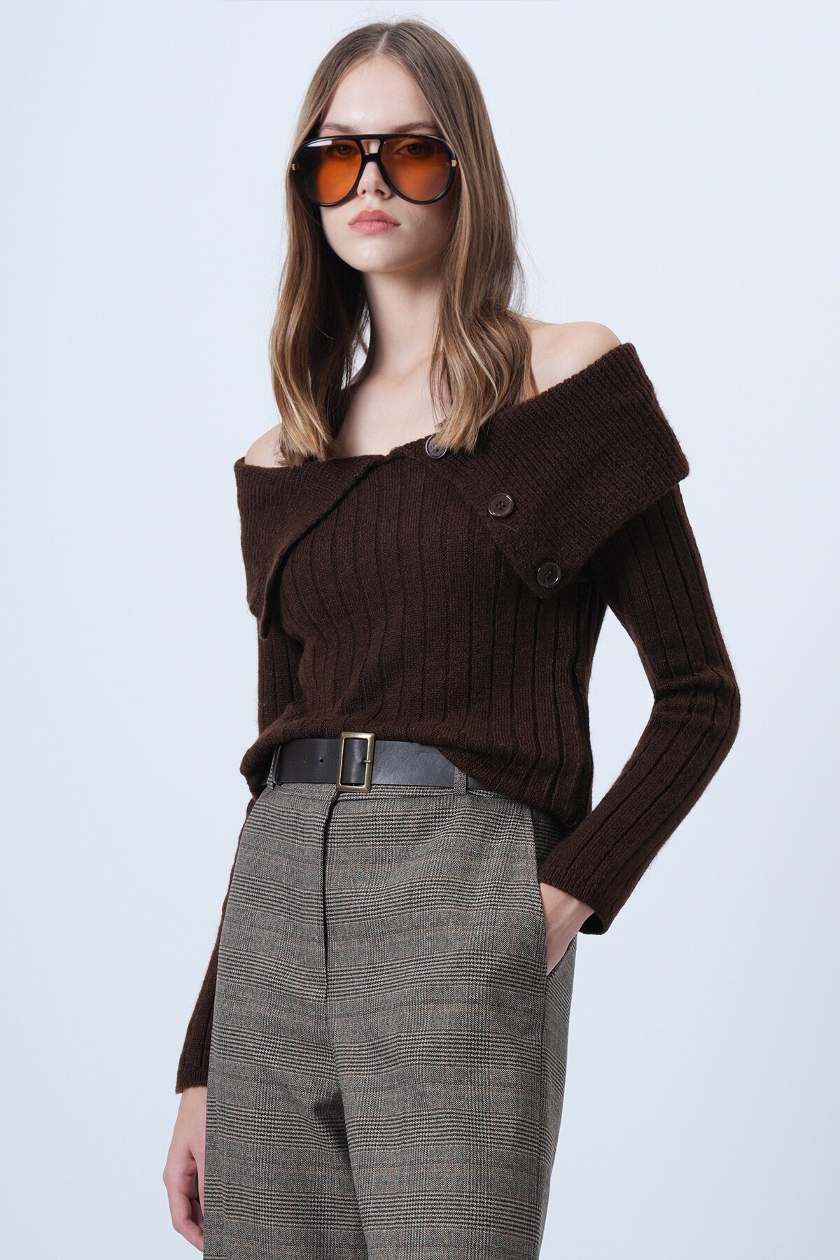 Carmen Yaka Düğme Detaylı Triko Kazak