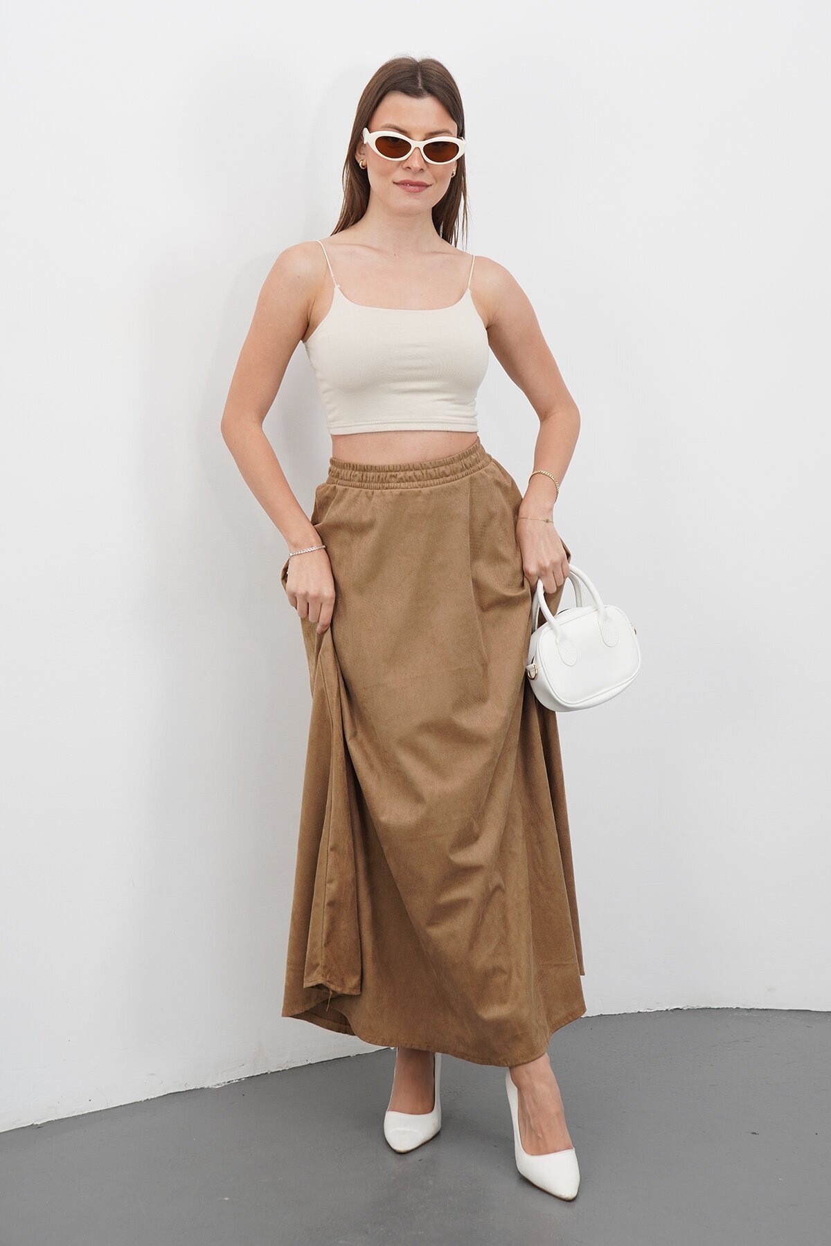 Çift Cepli Beli Lastikli Midi Boy Etek
