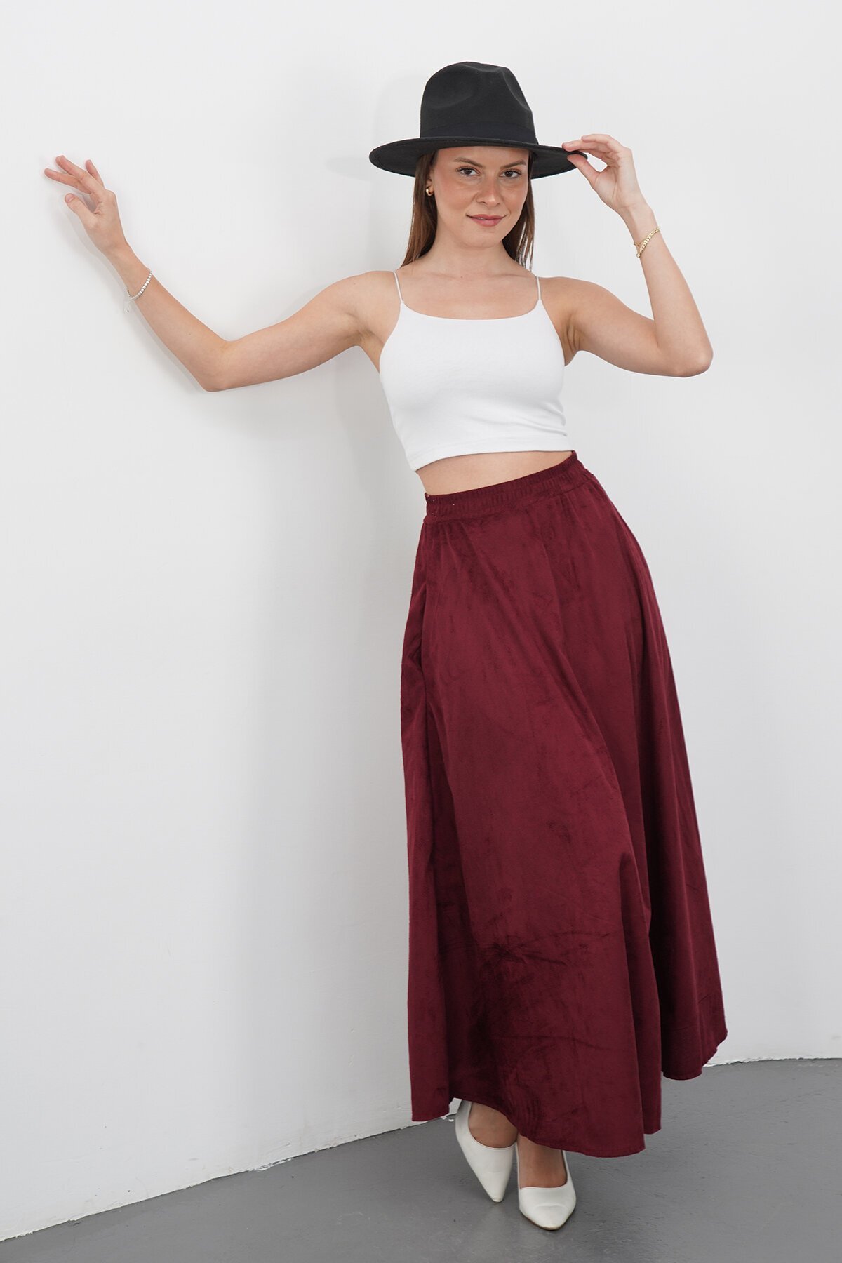 Çift Cepli Beli Lastikli Midi Boy Etek