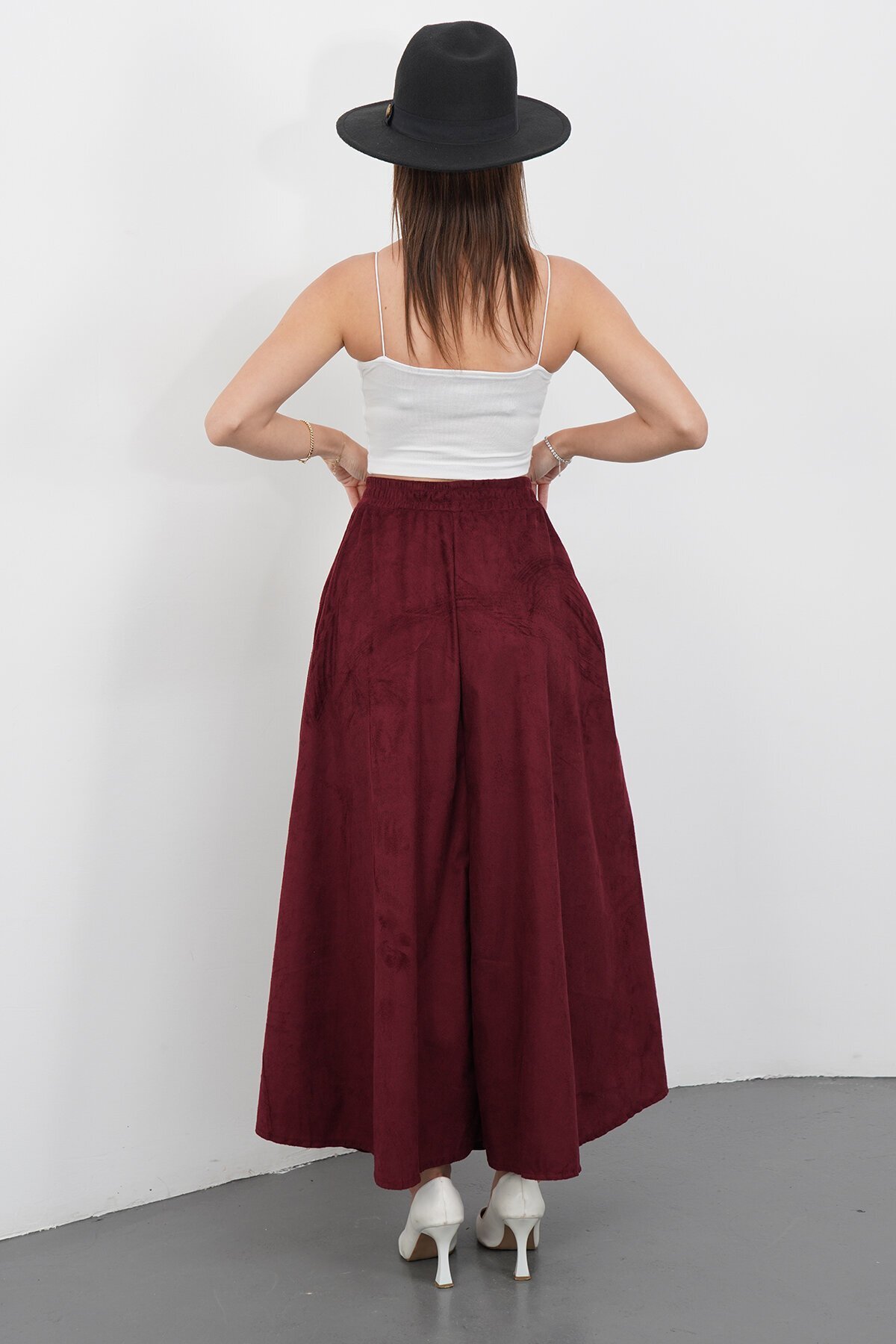 Çift Cepli Beli Lastikli Midi Boy Etek