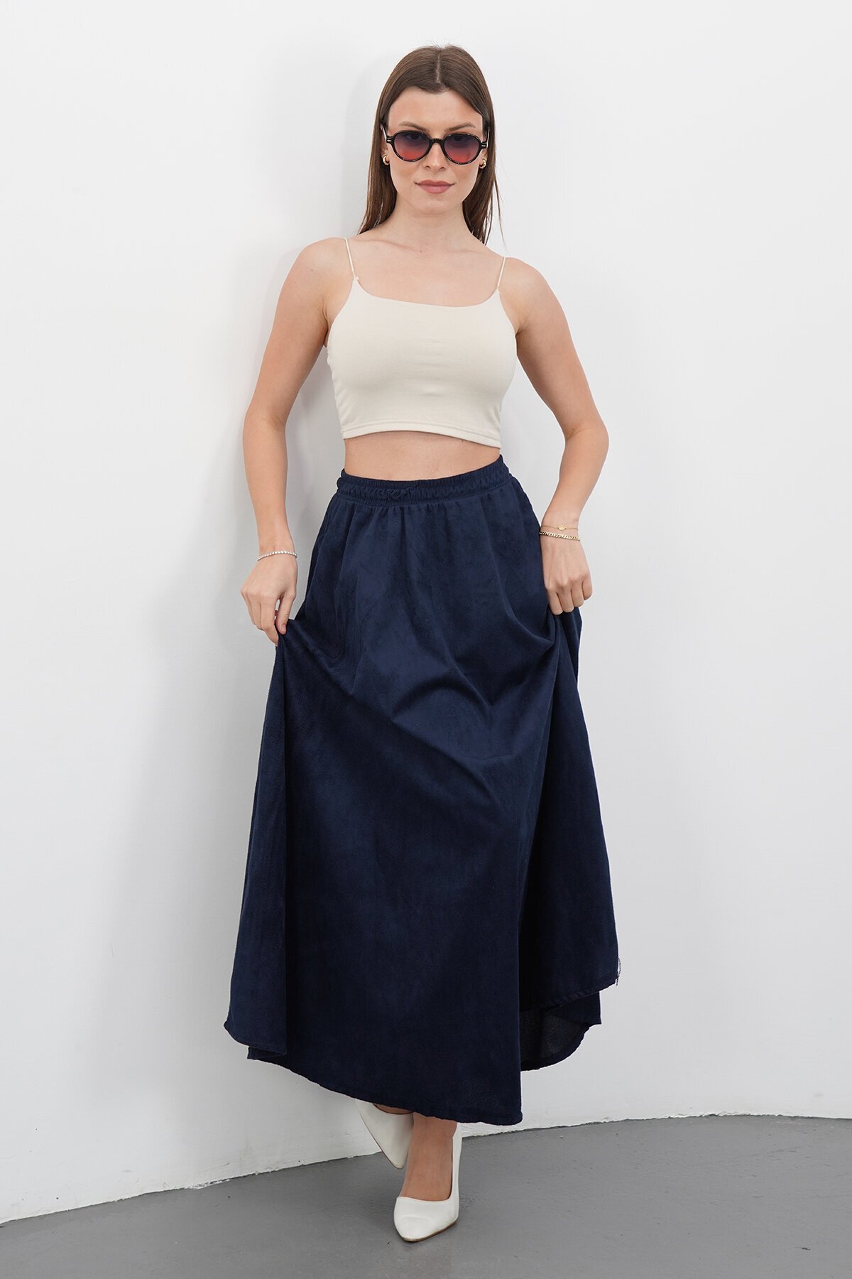 Çift Cepli Beli Lastikli Midi Boy Etek