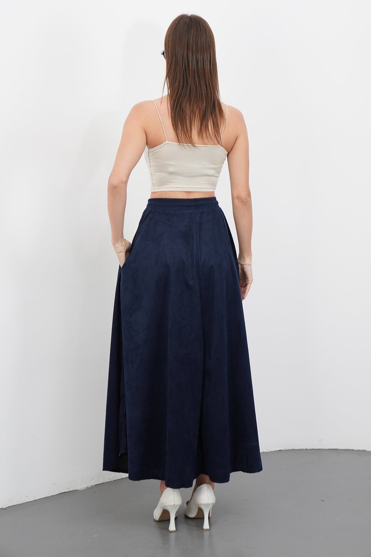 Çift Cepli Beli Lastikli Midi Boy Etek