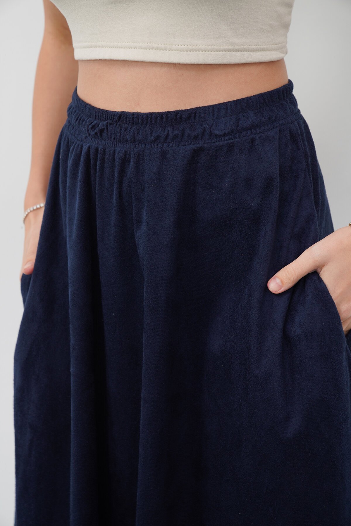 Çift Cepli Beli Lastikli Midi Boy Etek