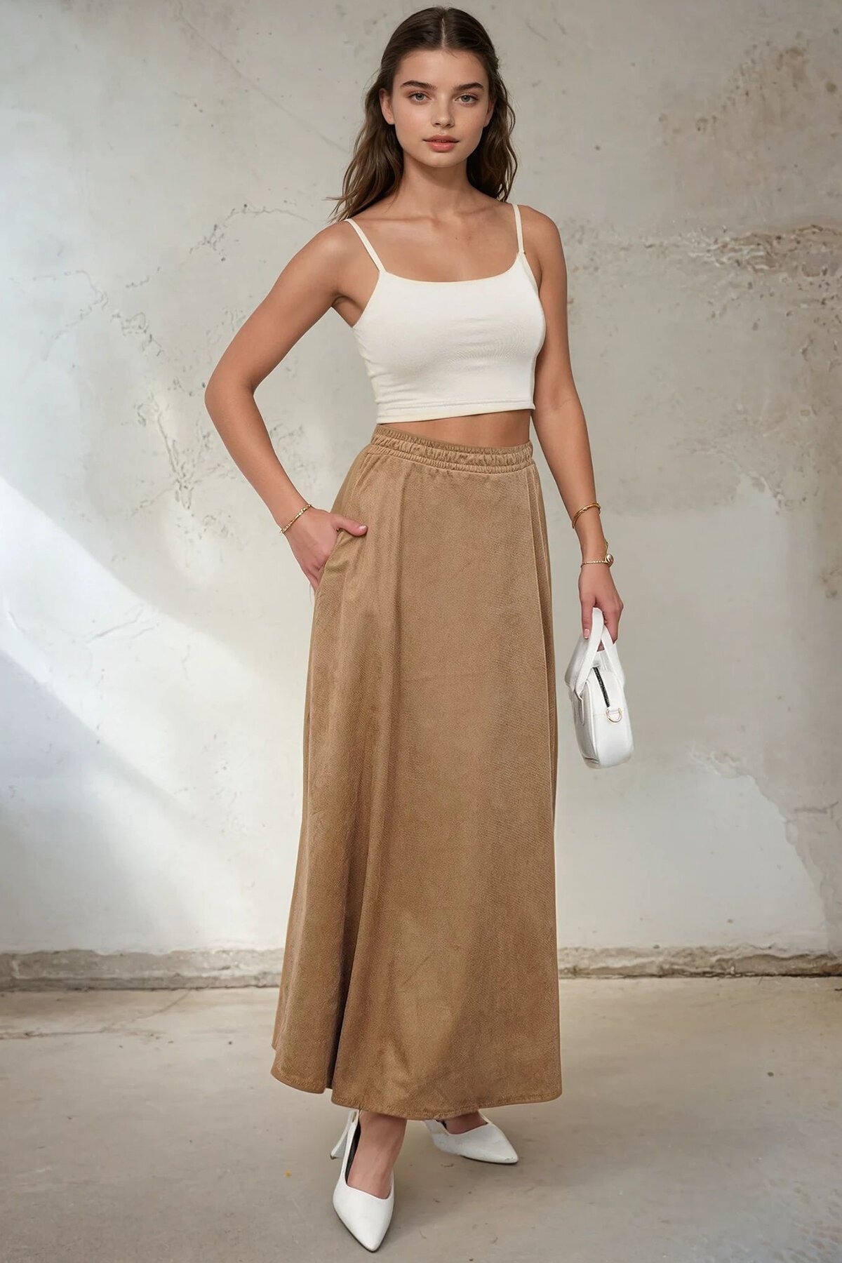 Çift Cepli Beli Lastikli Midi Boy Etek