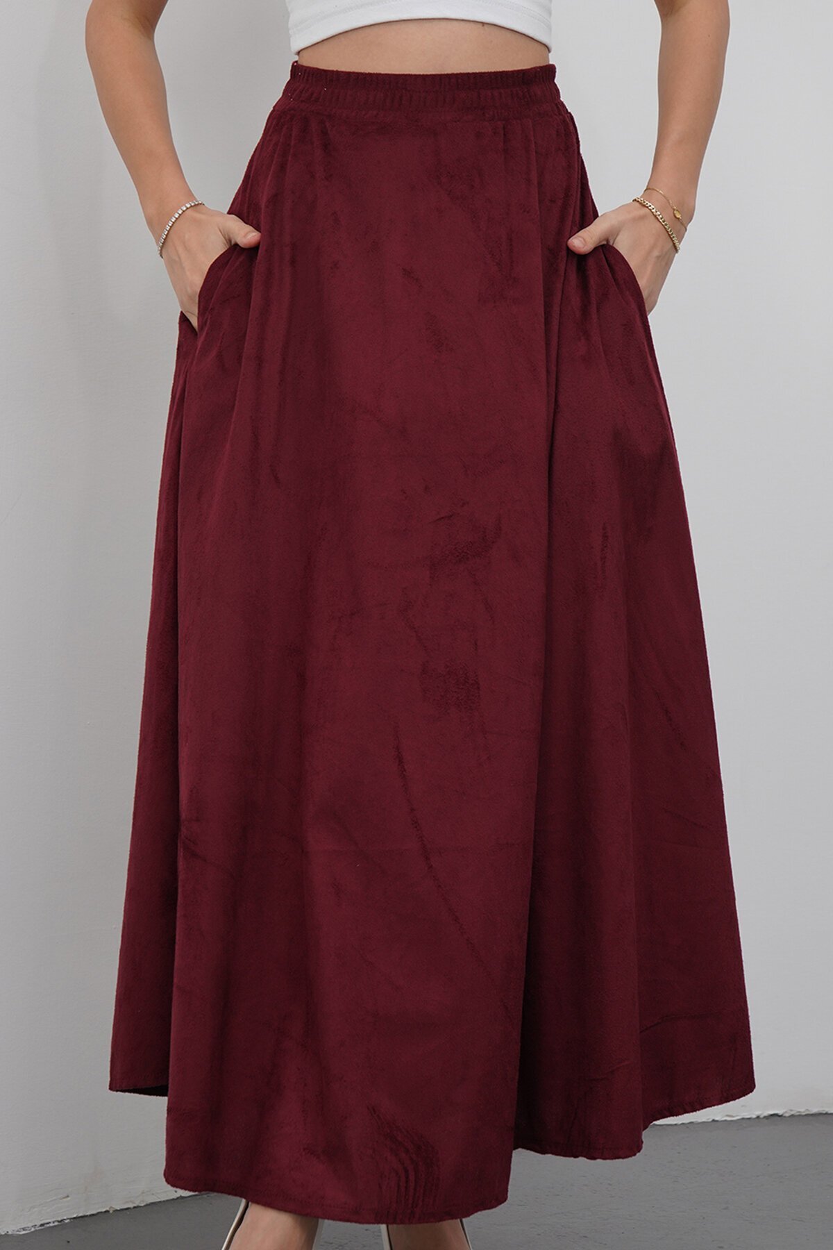 Çift Cepli Beli Lastikli Midi Boy Etek