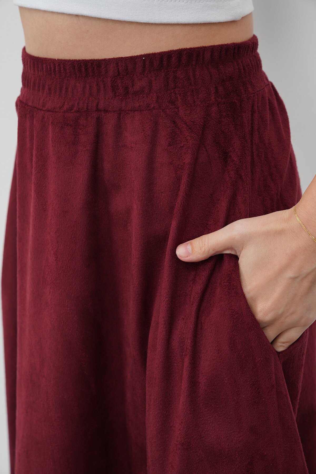 Çift Cepli Beli Lastikli Midi Boy Etek