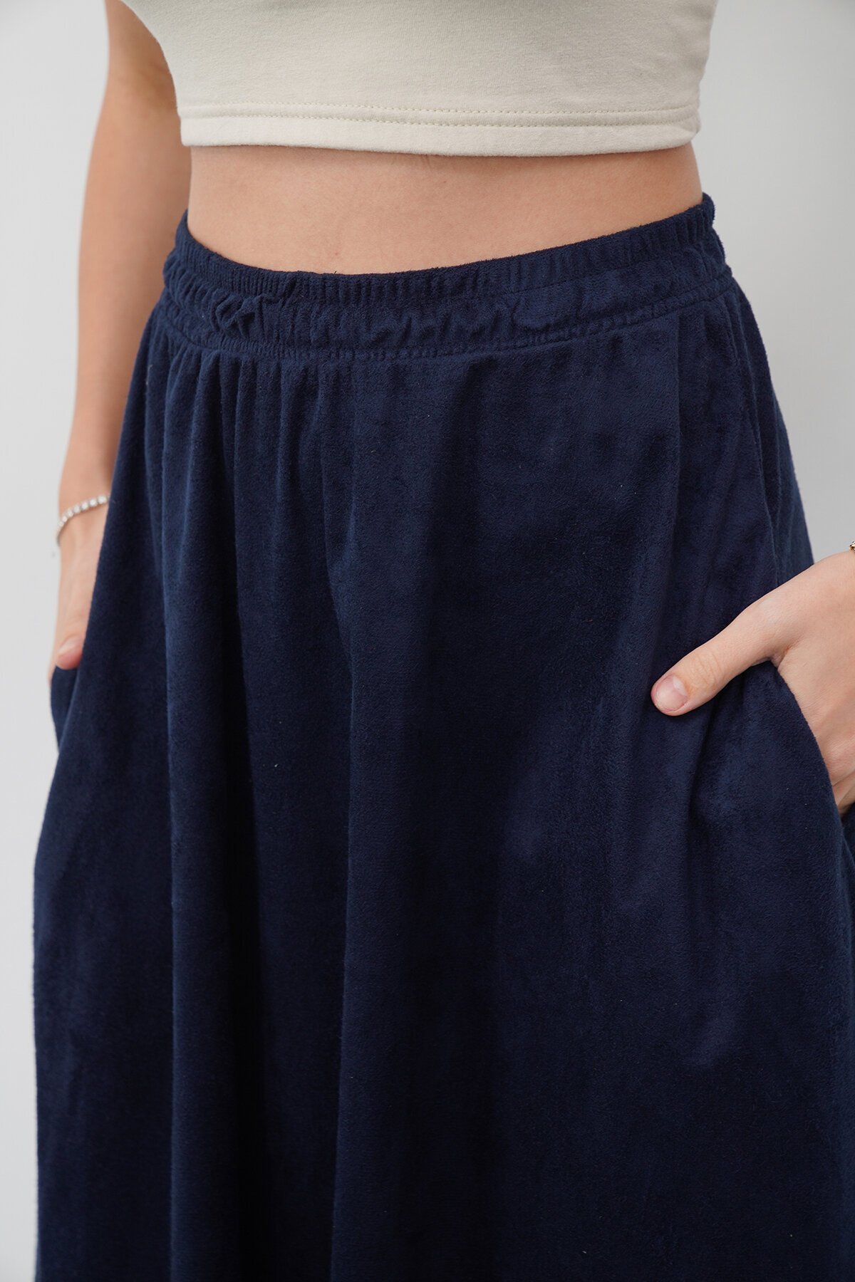 Çift Cepli Beli Lastikli Midi Boy Etek