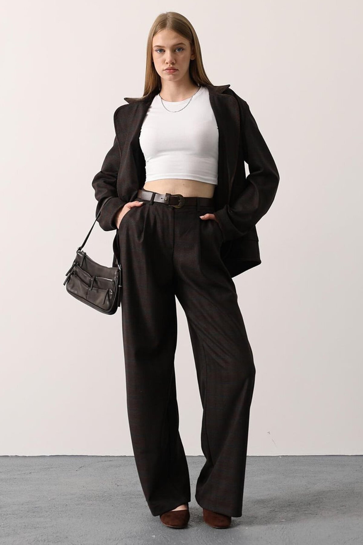 Çift Cepli Ekose Desenli Palazzo Pantolon