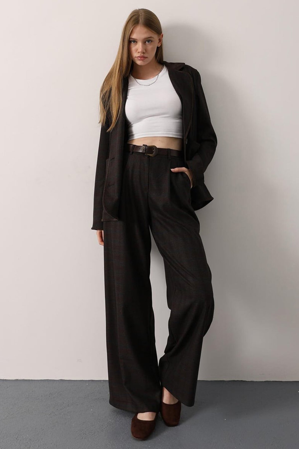 Çift Cepli Ekose Desenli Palazzo Pantolon