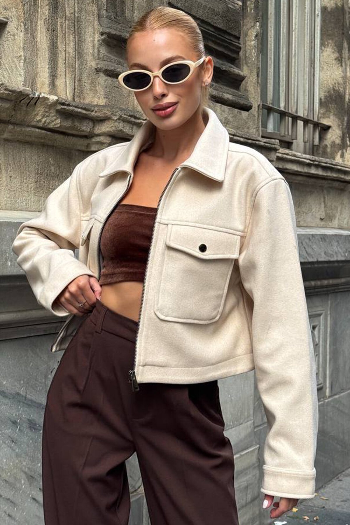 Çift Kapak Cepli Fermuar Kapamalı Astarlı Kaşe Ceket