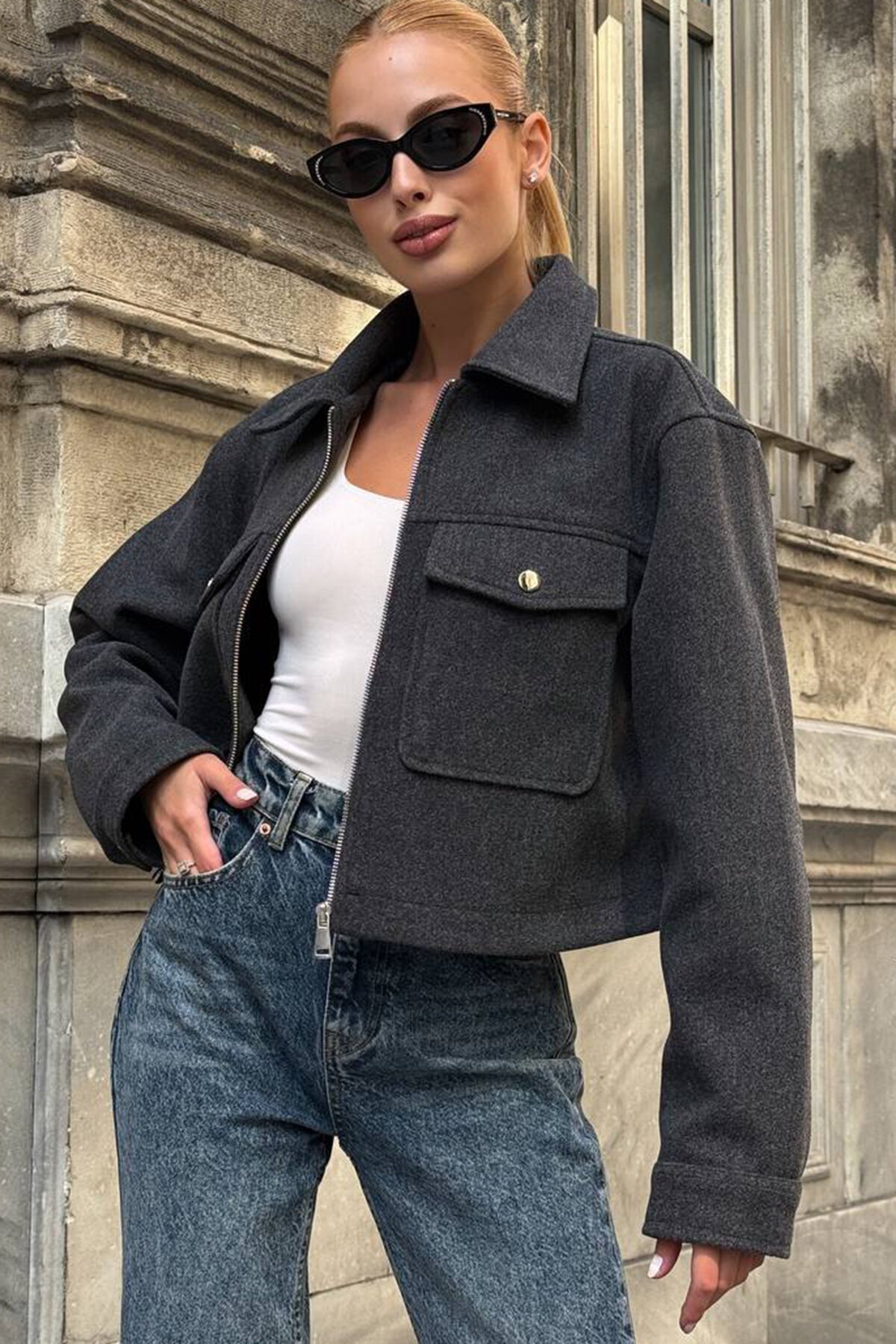 Çift Kapak Cepli Fermuar Kapamalı Astarlı Kaşe Ceket