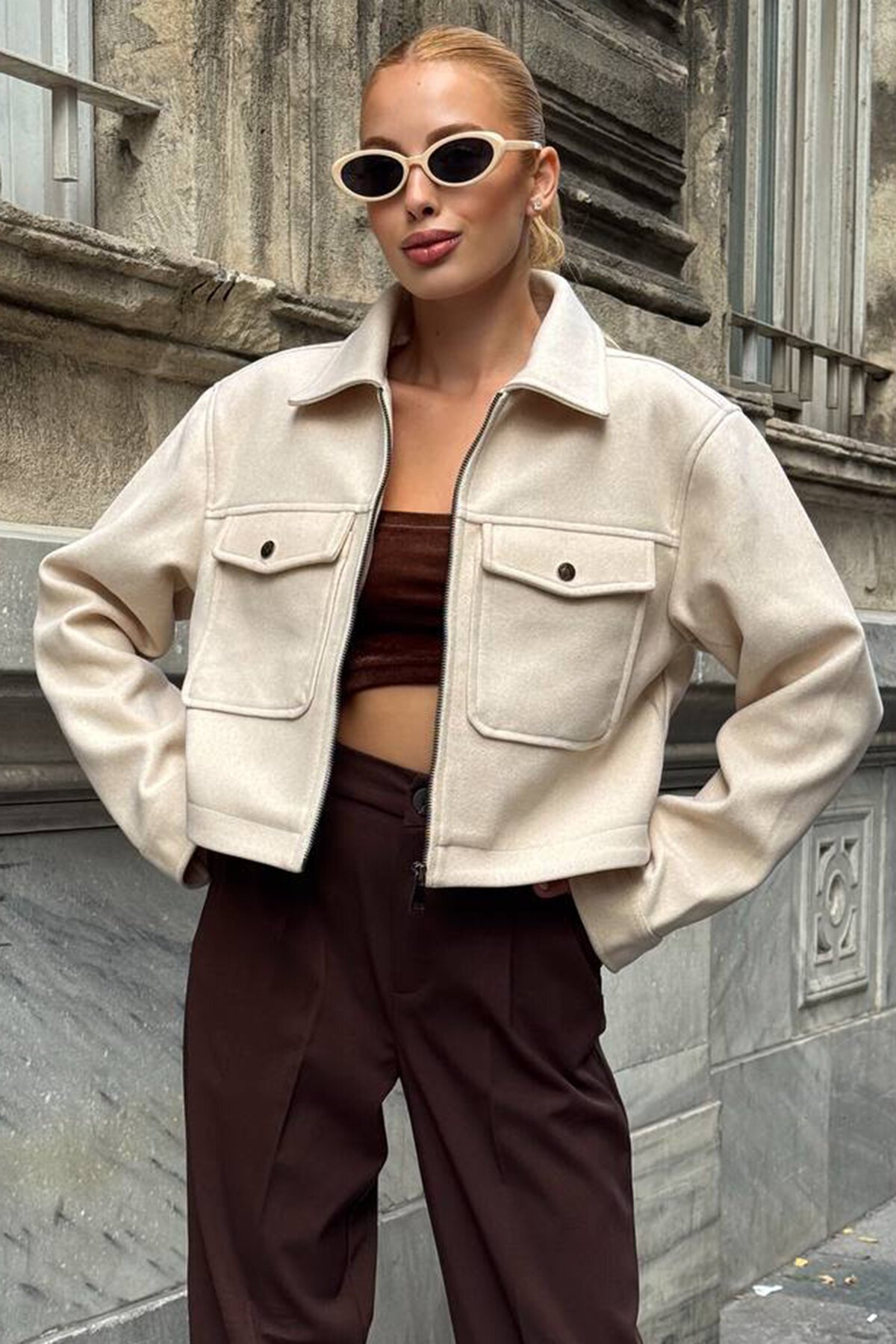 Çift Kapak Cepli Fermuar Kapamalı Astarlı Kaşe Ceket