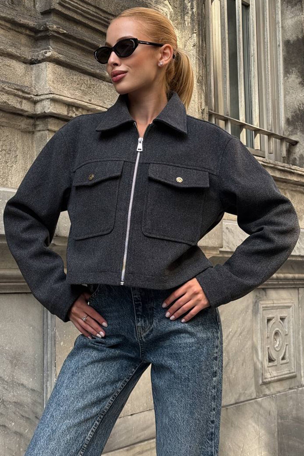 Çift Kapak Cepli Fermuar Kapamalı Astarlı Kaşe Ceket