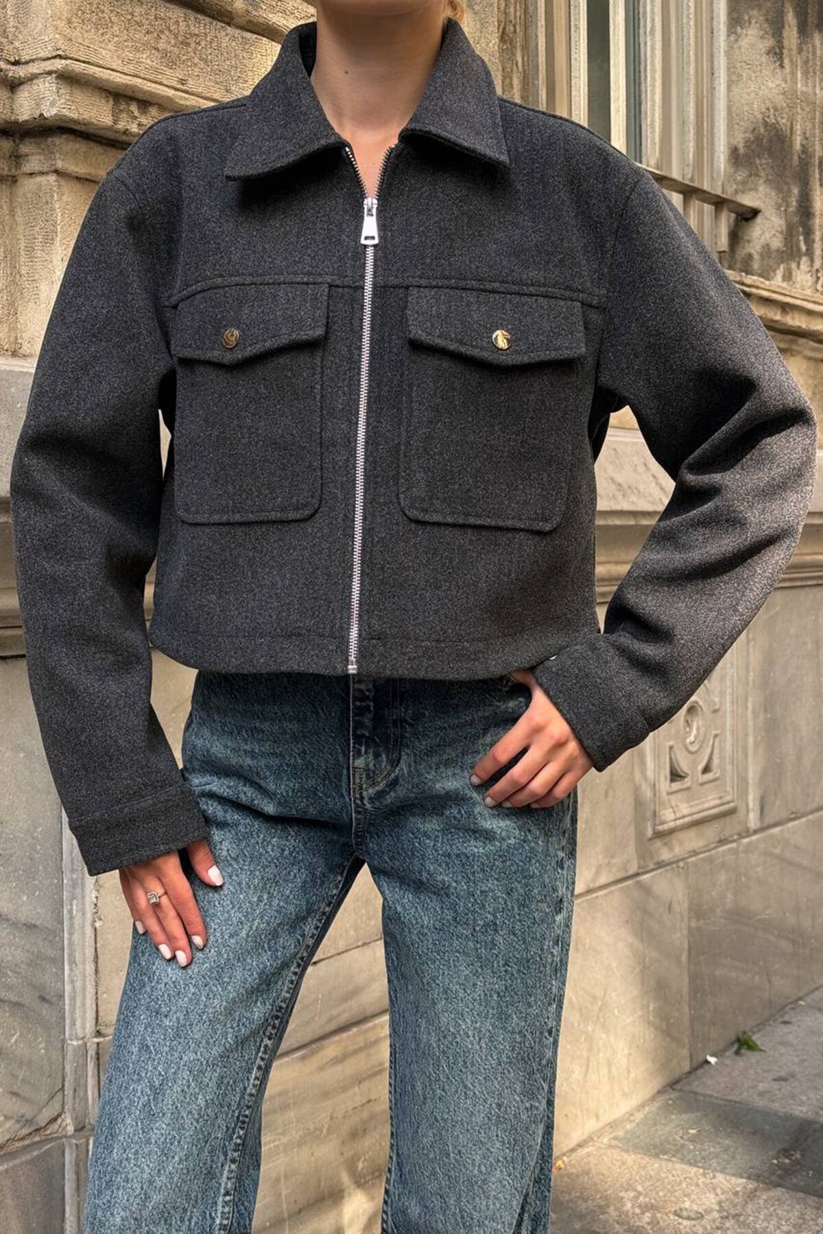 Çift Kapak Cepli Fermuar Kapamalı Astarlı Kaşe Ceket