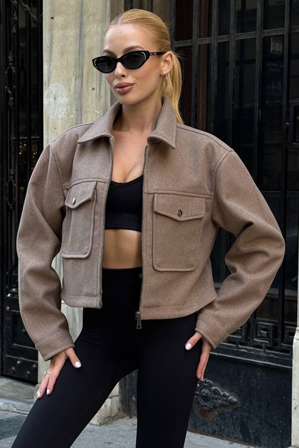 Çift Kapak Cepli Fermuar Kapamalı Astarlı Kaşe Ceket