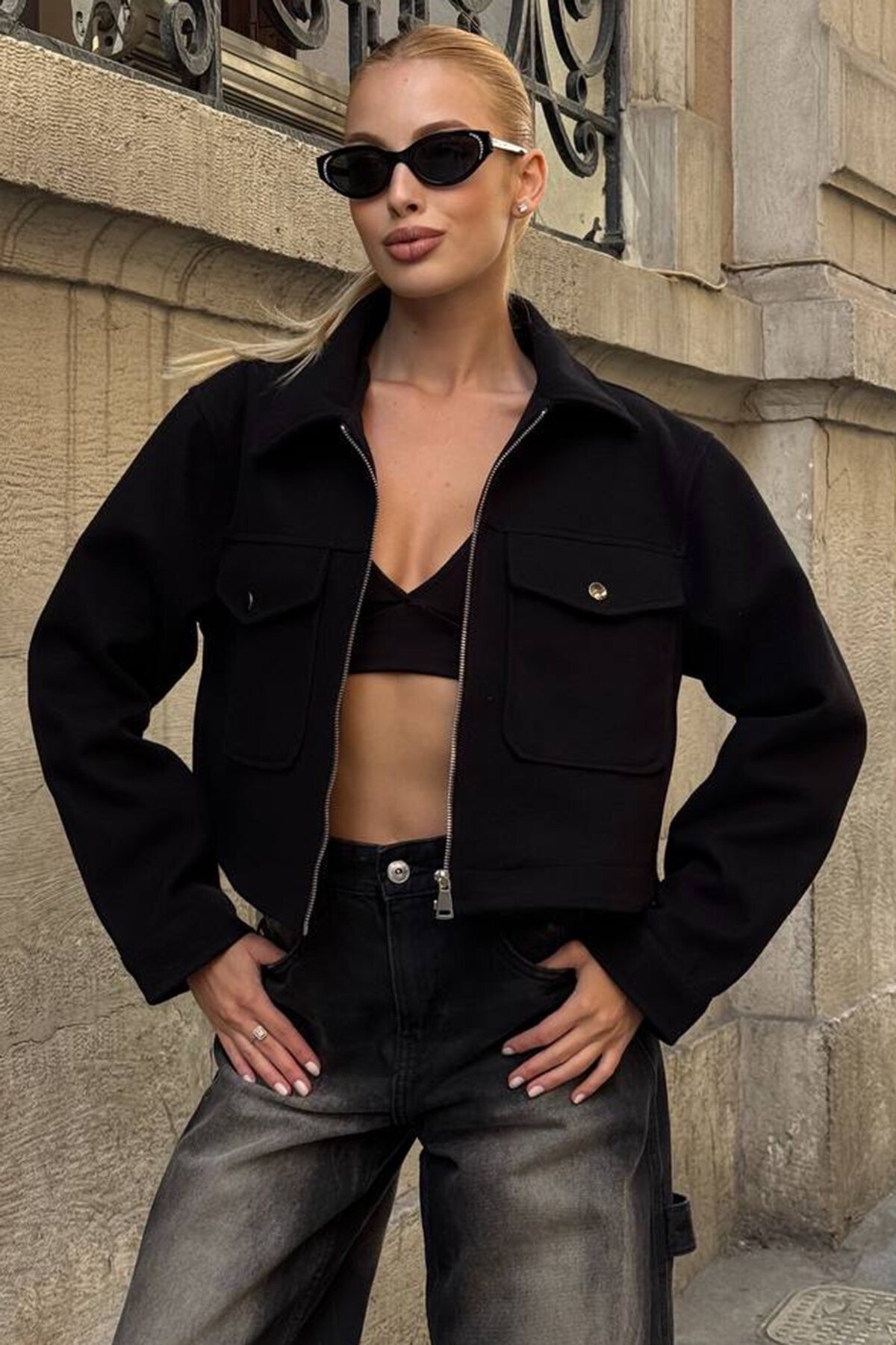 Çift Kapak Cepli Fermuar Kapamalı Astarlı Kaşe Ceket