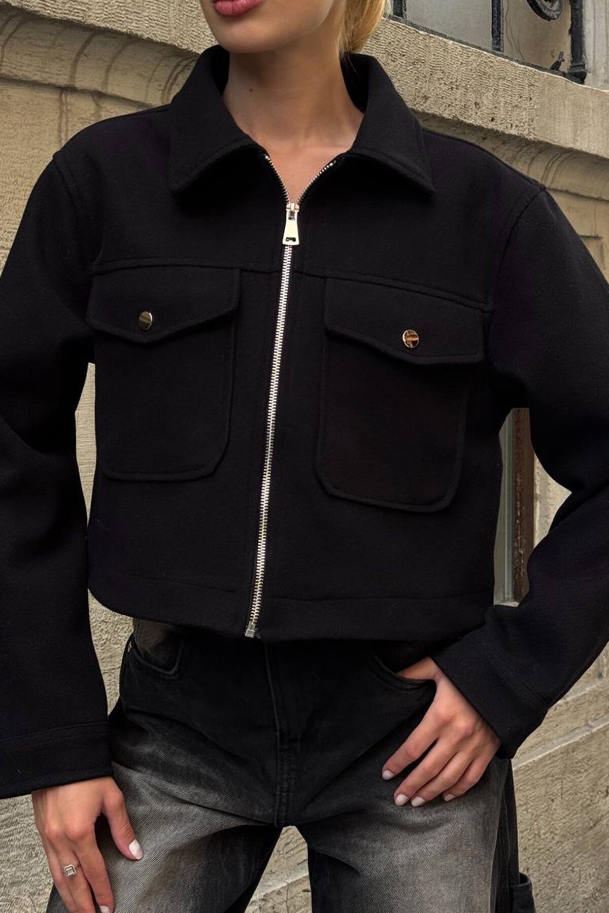 Çift Kapak Cepli Fermuar Kapamalı Astarlı Kaşe Ceket